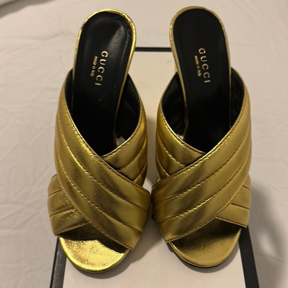 Gucci Gold Nappa Silk Mule Heels Oro Vecchio